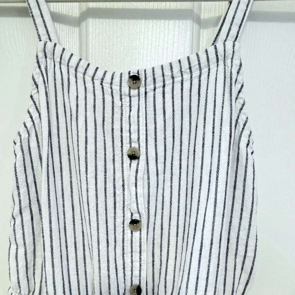 Old‎ Navy Striped Romper Girls XL 14-16 White Navy Blue Linen Blend Button Front